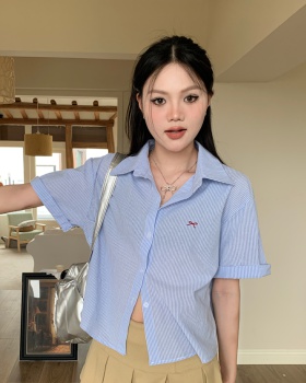 Stripe short sleeve embroidery bow shirt