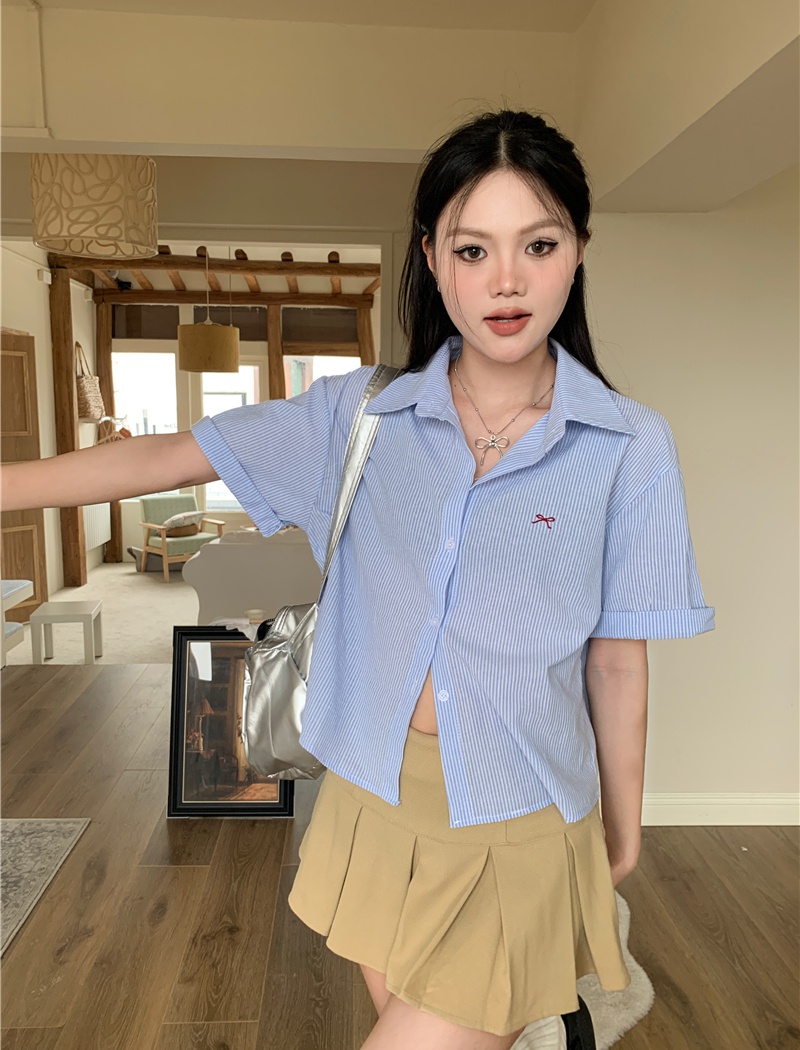 Stripe short sleeve embroidery bow shirt