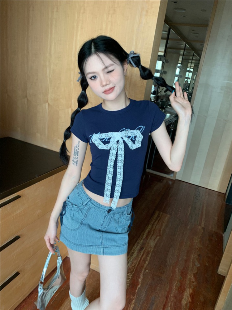 Lace short letters bow round neck T-shirt