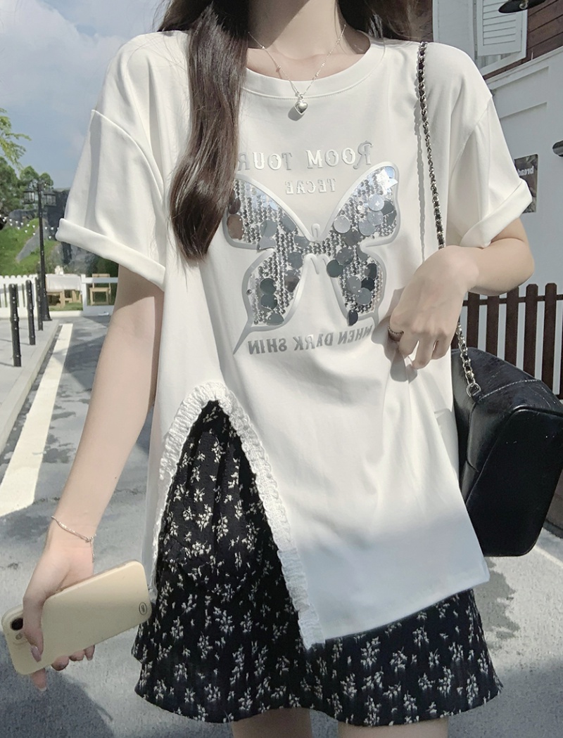 Split loose T-shirt summer gray tops for women