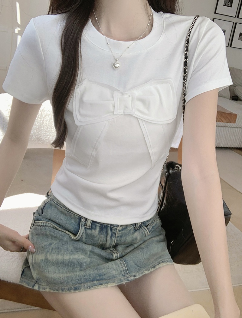 Round neck patch T-shirt slim tops for women