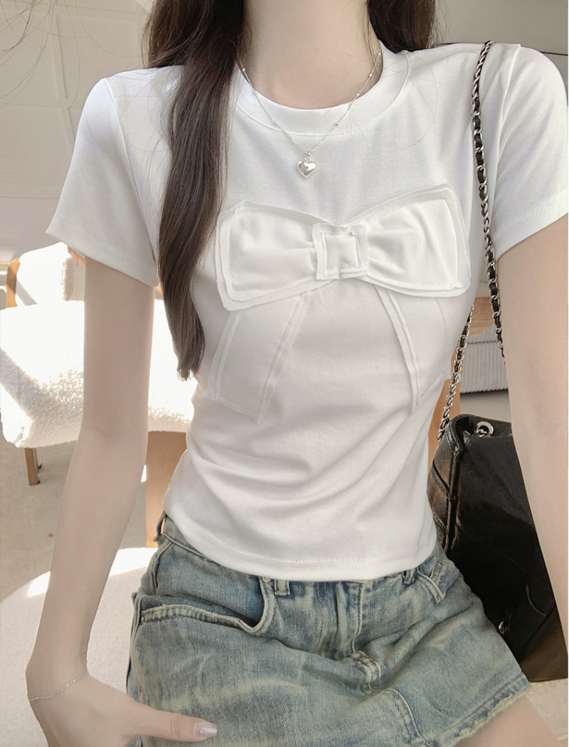 Round neck patch T-shirt slim tops for women