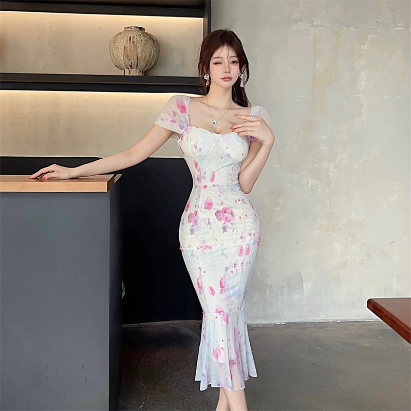 Floral wrapped chest temperament sexy dress