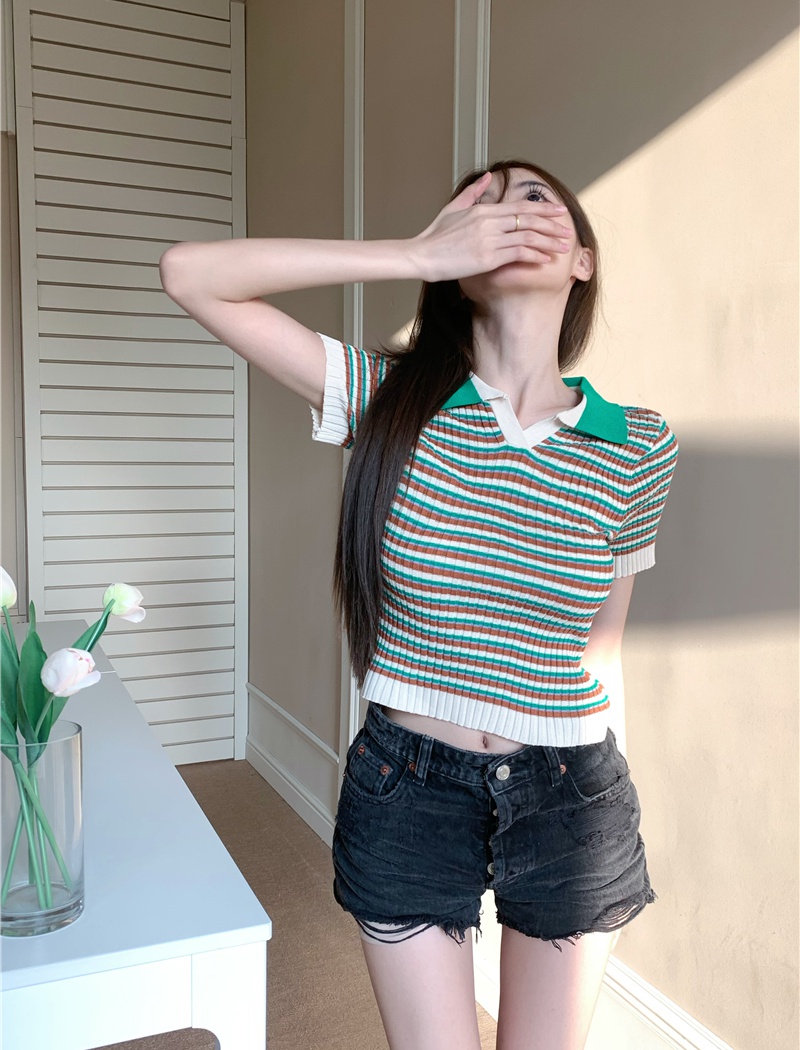Summer retro short sweater thin stripe tops for women