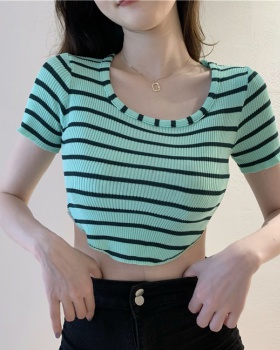 Irregular stripe knitted slim summer T-shirt
