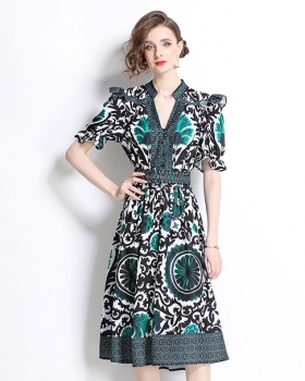 Single-breasted cstand collar fashion printing dress