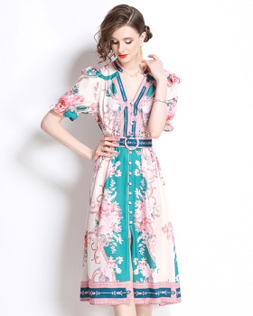 Court style printing cstand collar single-breasted dress