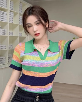 Summer knitted short sleeve mixed colors rainbow stripe tops