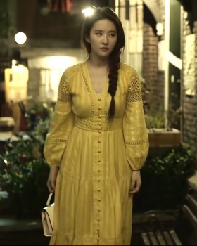 Yellow pinched waist long dress rose dress for women