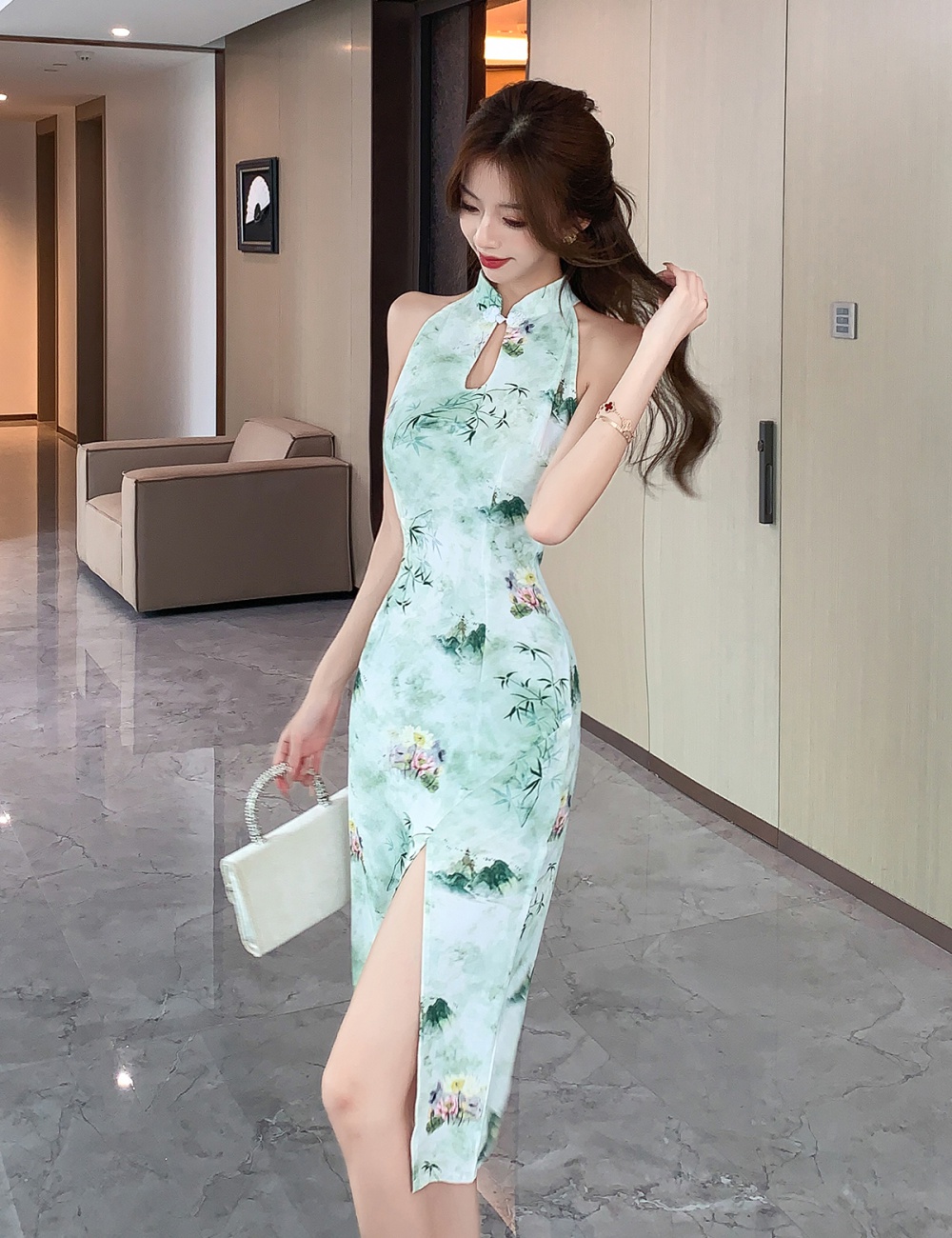 Retro enticement slim cheongsam halter Chinese style dress