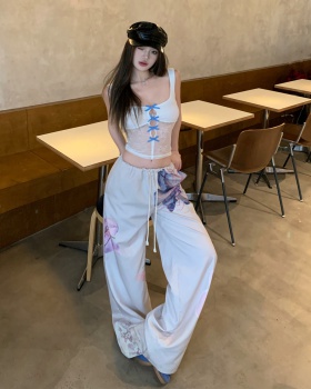 Retro sling lace work clothing spicegirl wear long pants 2pcs set