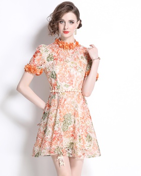 A-line printing temperament embroidered dress for women