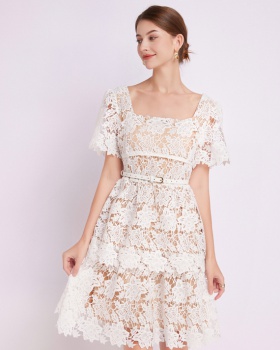 Cake lace summer square collar short sleeve dress