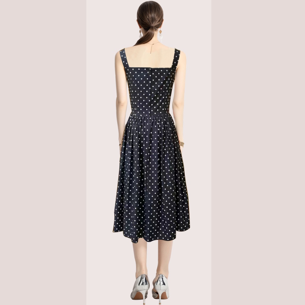 Slim A-line dress pinched waist polka dot long dress