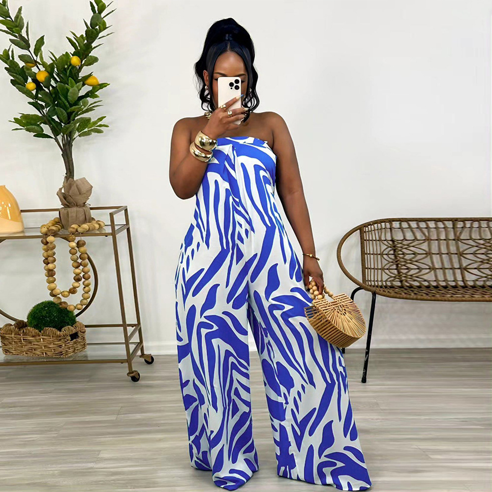 Sleeveless wide leg printing European style jumpsuit