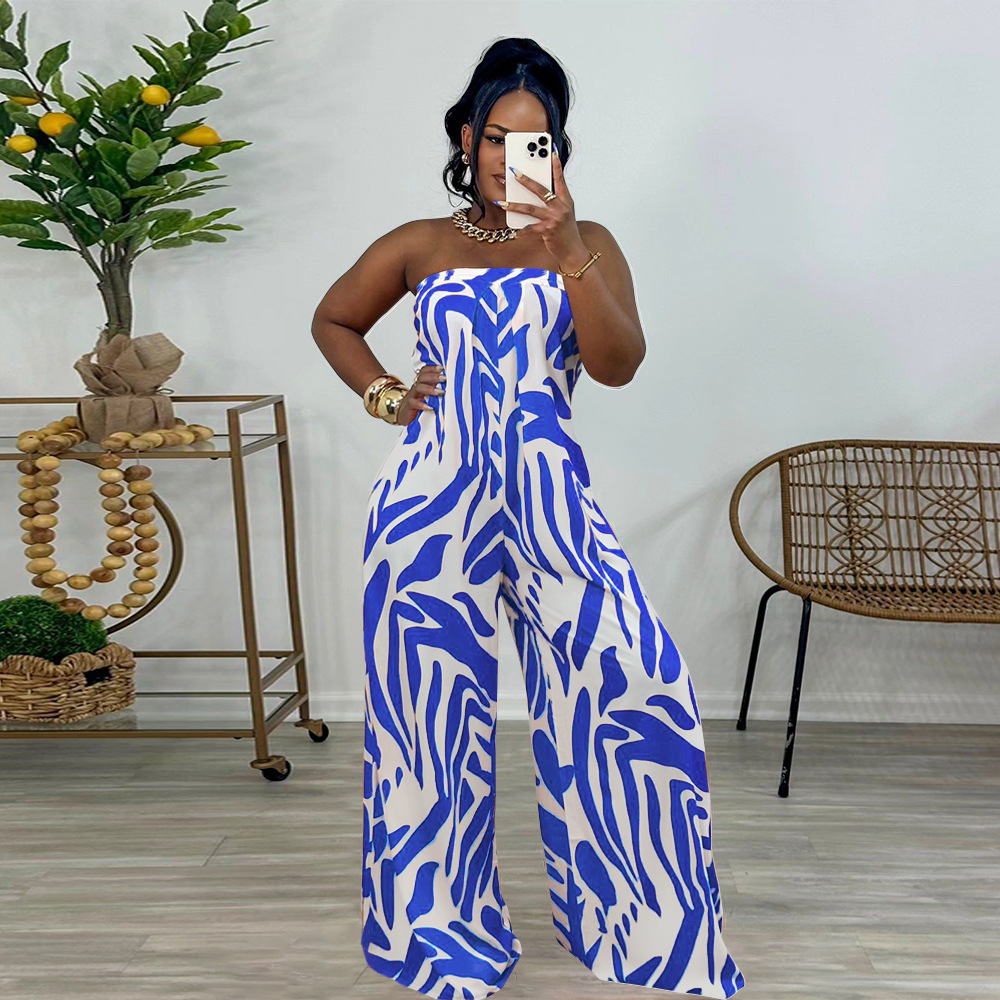 Sleeveless wide leg printing European style jumpsuit