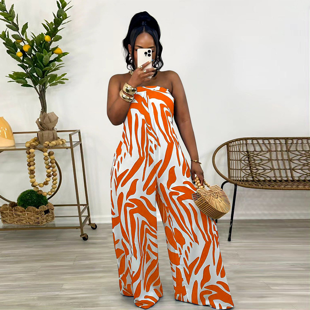 Sleeveless wide leg printing European style jumpsuit