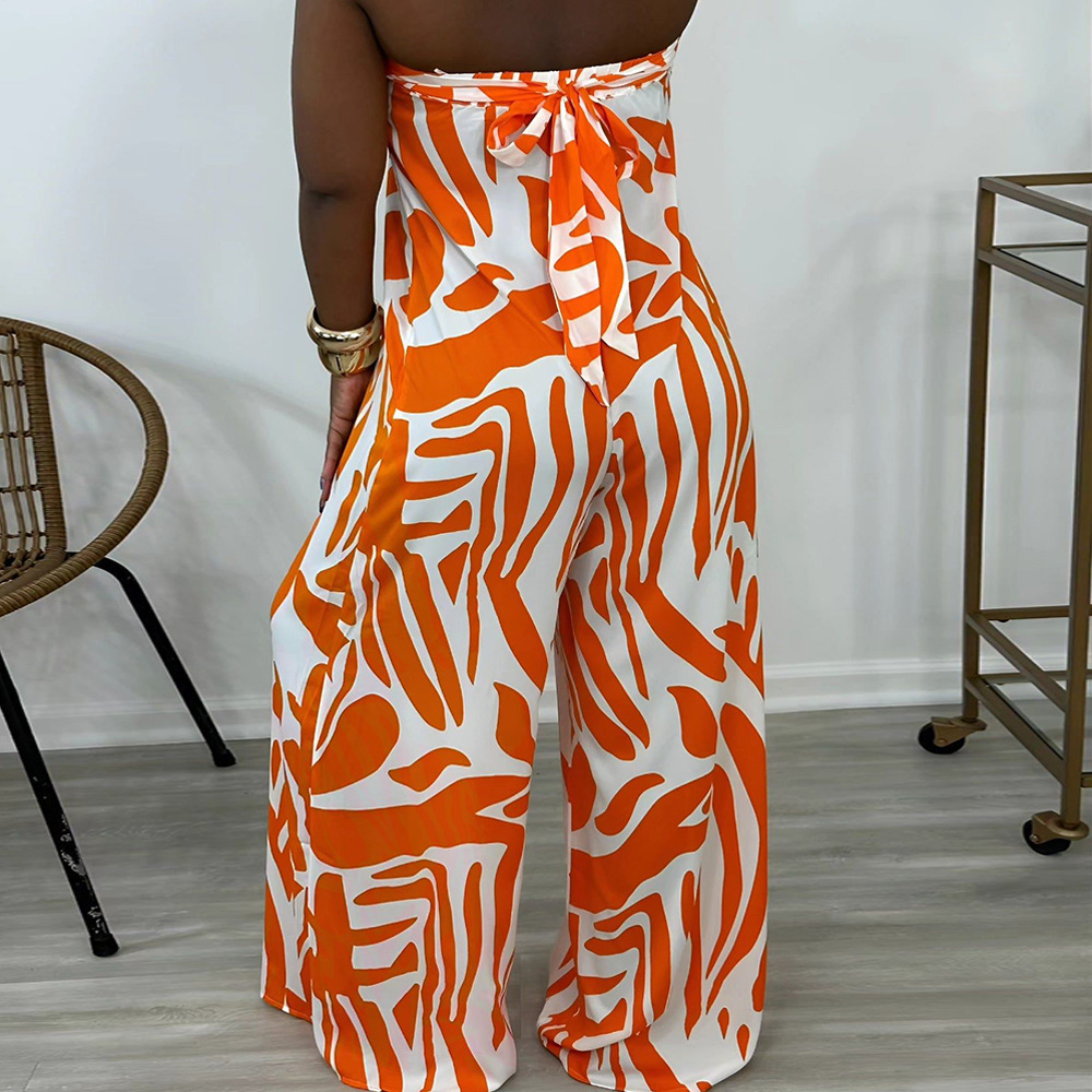 Sleeveless wide leg printing European style jumpsuit