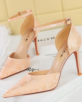 Hollow fine-root high-heeled shoes low satin shoes