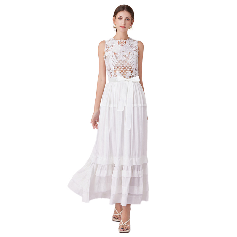 Hollow lace dress round sleeveless long dress