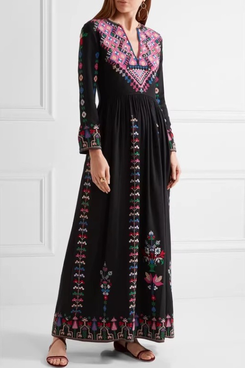 Embroidery Bohemian style dress lined long dress