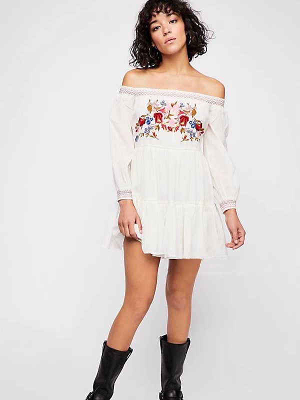 Embroidery flat shoulder Bohemian style flowers dress