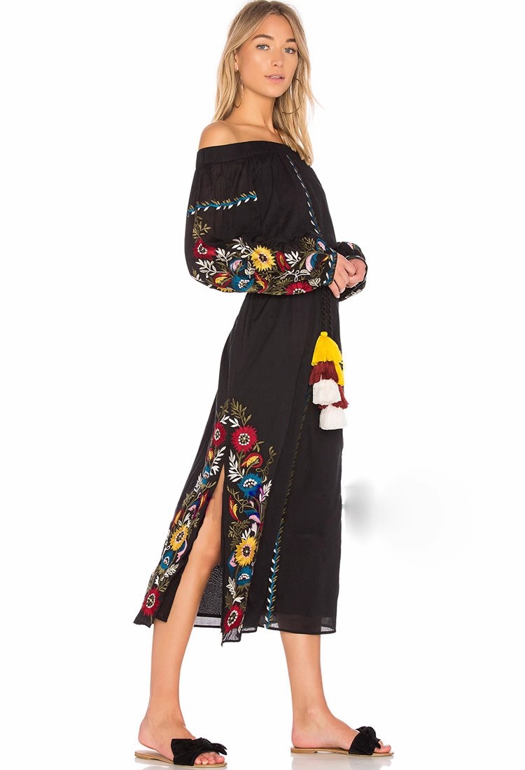 Vacation strapless long dress embroidery lined dress