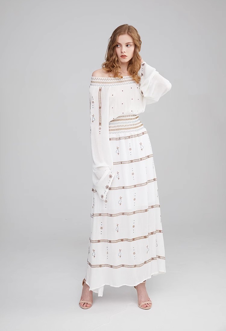 White embroidery countryside big skirt dress