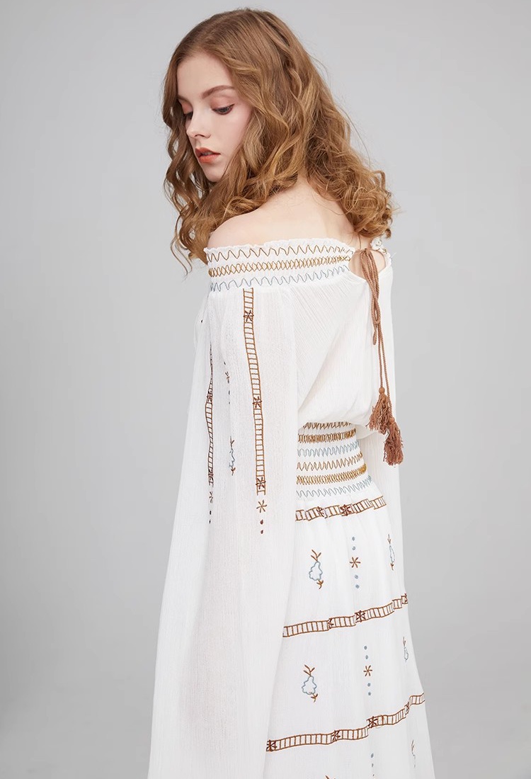 White embroidery countryside big skirt dress