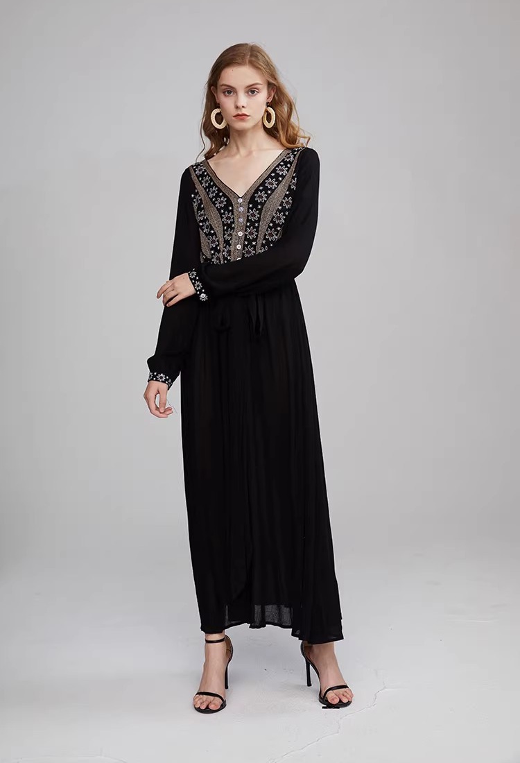 Embroidered flowers lined black Bohemian style dress