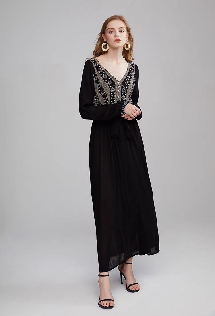 Embroidered flowers lined black Bohemian style dress