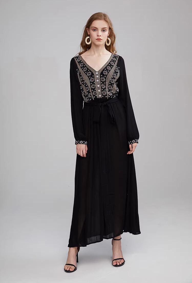 Embroidered flowers lined black Bohemian style dress