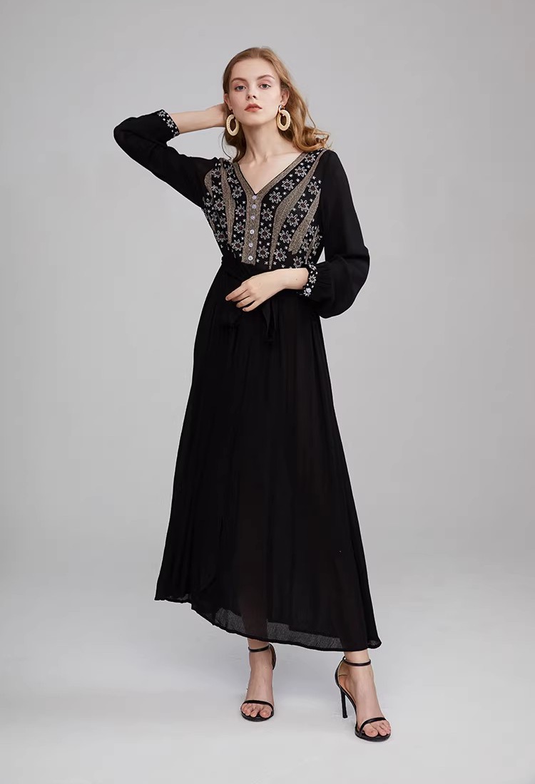 Embroidered flowers lined black Bohemian style dress