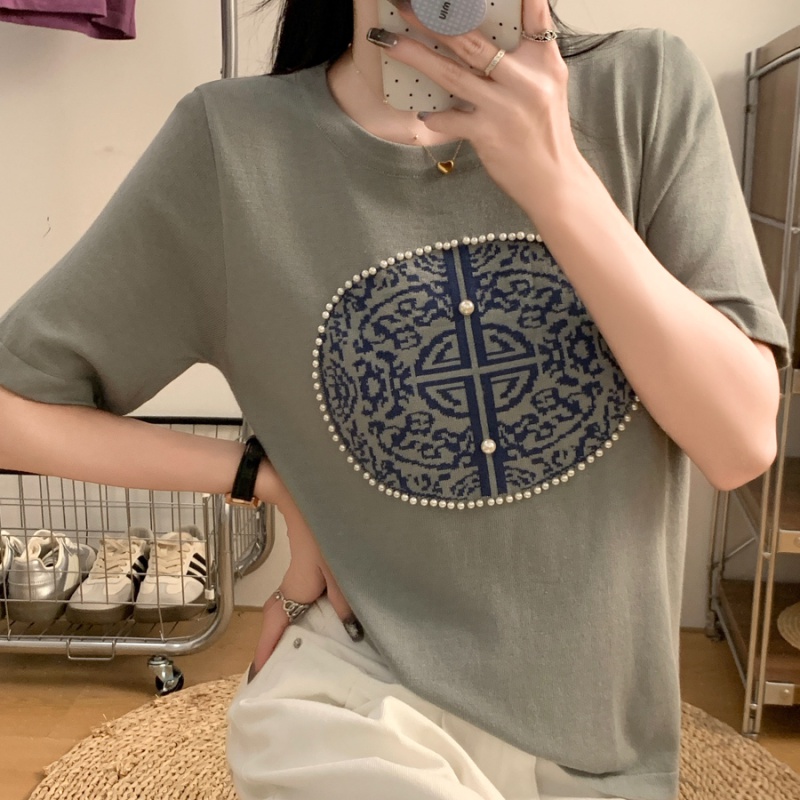 Round neck short sleeve sweater ice silk T-shirt for women