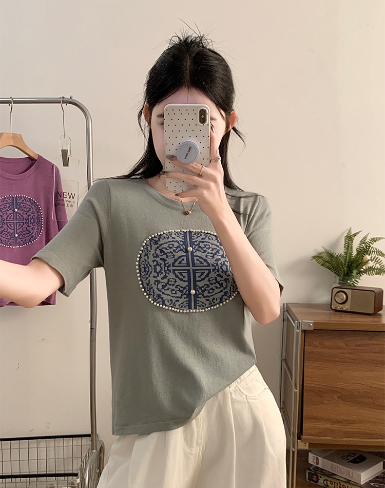 Round neck short sleeve sweater ice silk T-shirt for women