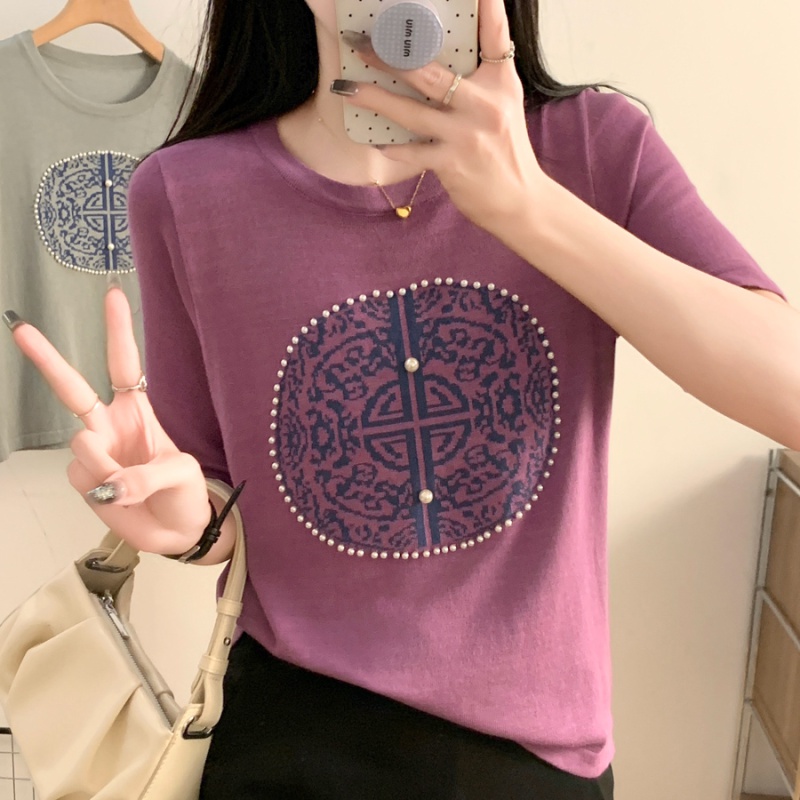 Round neck short sleeve sweater ice silk T-shirt for women