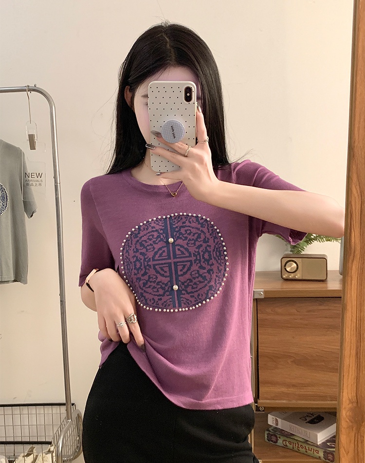 Round neck short sleeve sweater ice silk T-shirt for women