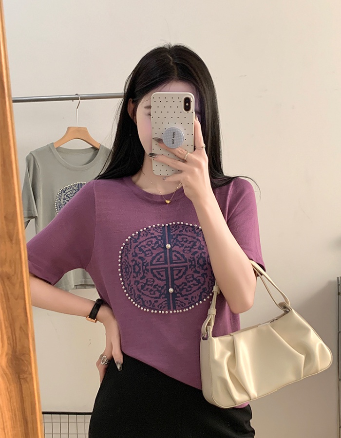 Round neck short sleeve sweater ice silk T-shirt for women