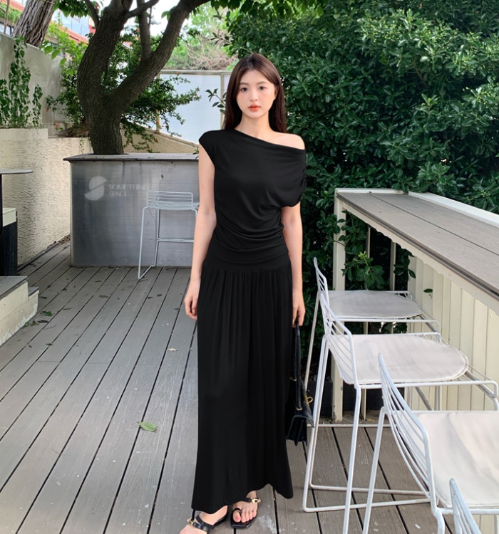 Slim sleeveless fold tops knitted summer long skirt 2pcs set