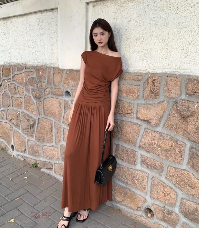 Slim sleeveless fold tops knitted summer long skirt 2pcs set