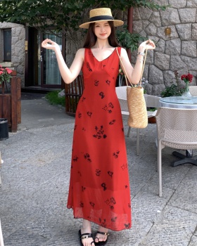 Red vacation summer dress drape printing strap dress
