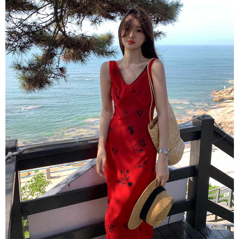 Red vacation summer dress drape printing strap dress