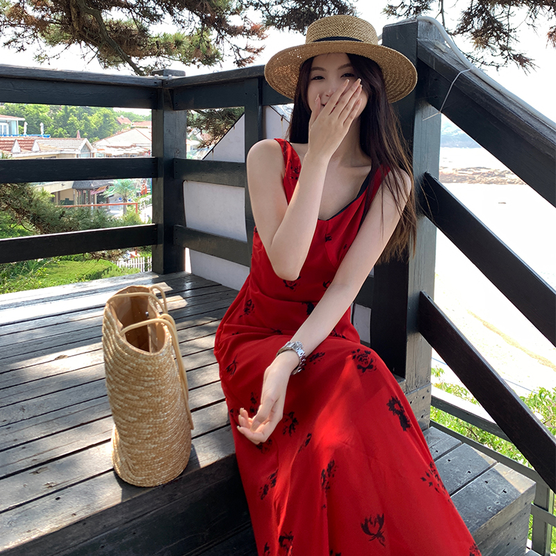 Red vacation summer dress drape printing strap dress