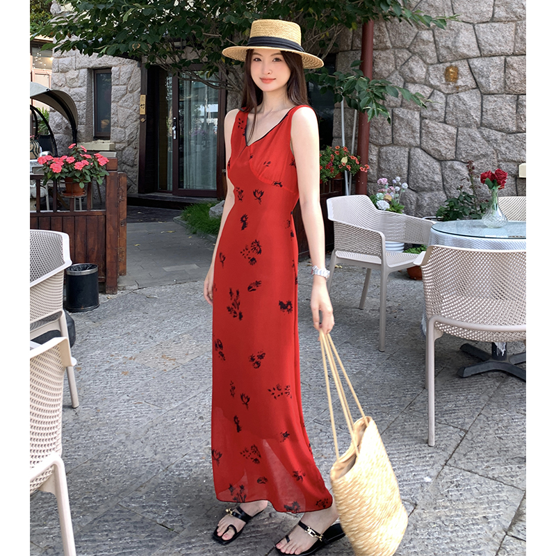 Red vacation summer dress drape printing strap dress