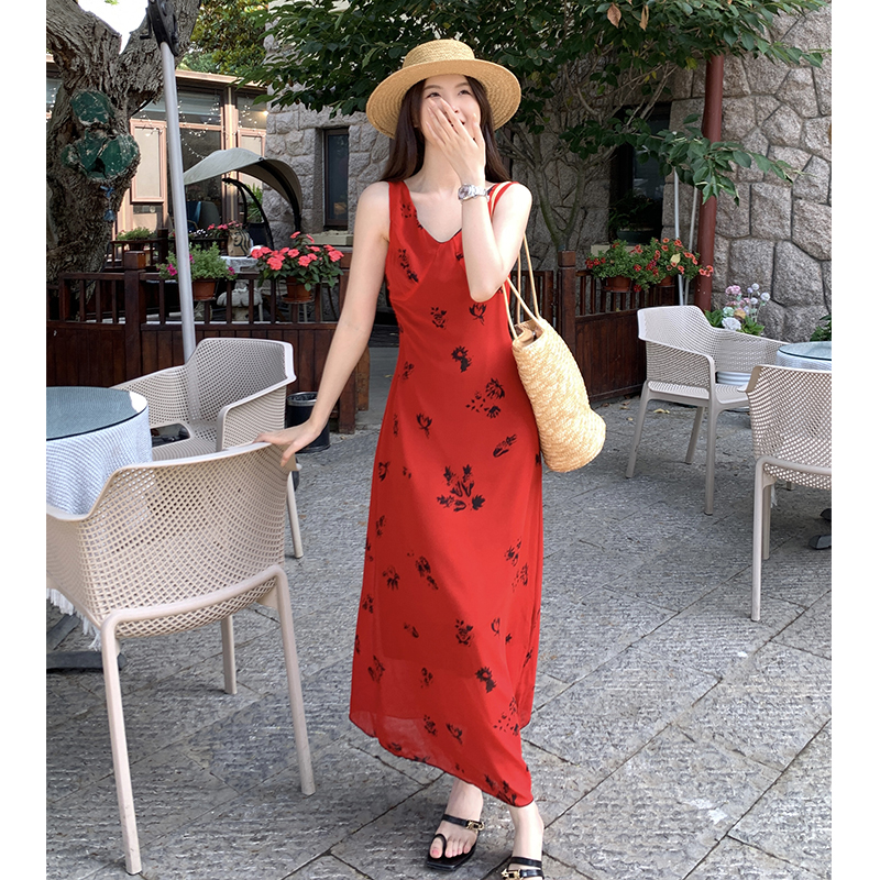 Red vacation summer dress drape printing strap dress