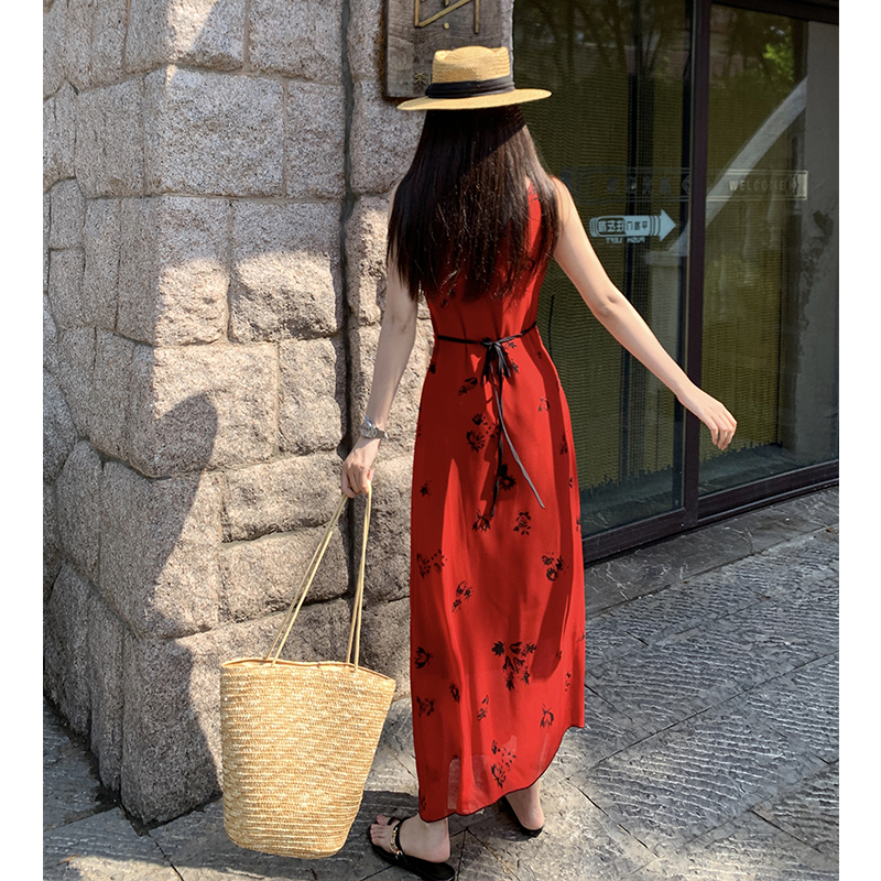 Red vacation summer dress drape printing strap dress