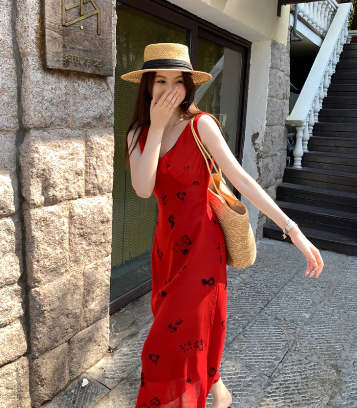 Red vacation summer dress drape printing strap dress