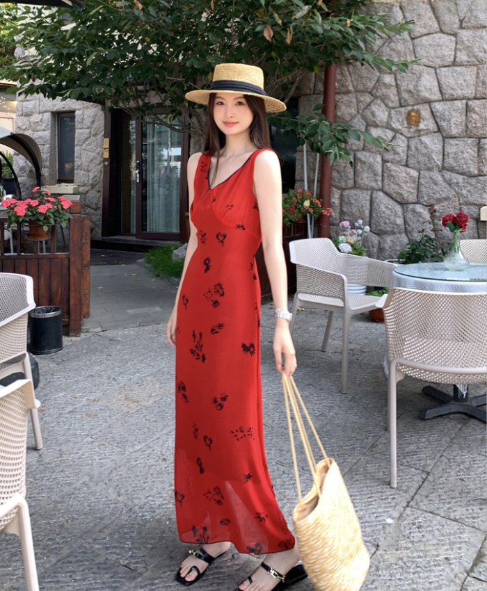 Red vacation summer dress drape printing strap dress