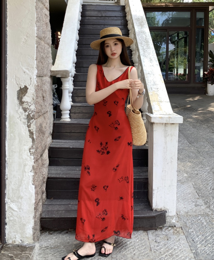 Red vacation summer dress drape printing strap dress