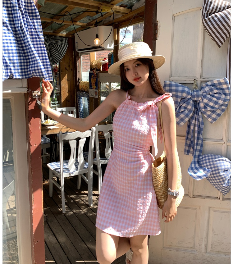 Sling A-line plaid T-back sweet France style dress for women